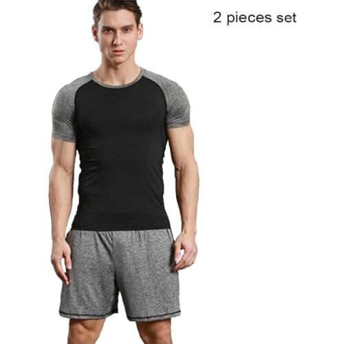 Mens 2 Piece Tracksuits Man Sportsuits Sport Set Men Fitness T shirt and Shorts Set Men compression tee shirt Workout Gym Shorts