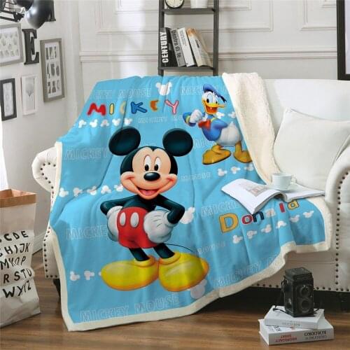 Disney Cute Cartoon Mickey Minnie Pattern Soft and Comfortable Blue and White Blanket Bedding Set Sofa for Baby Girls and Boys