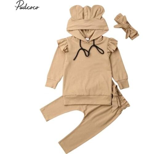 2019 Baby Spring Autumn Clothing Newborn Baby Kids Girls Clothes Ears Hoodie Tops + Pants + Headband Solid Long Sleeve Outfits