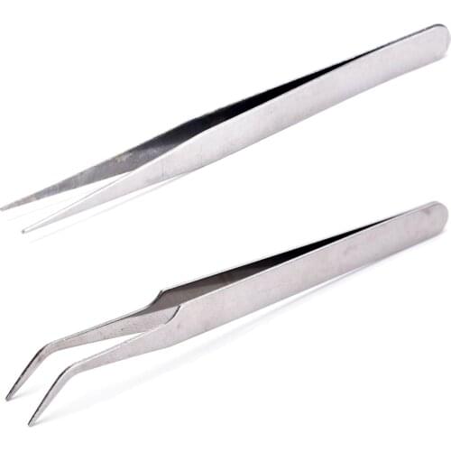 2Pcs Stainless Steel Tweezers(1Pcs Straight Head Tweezer + 1Pcs Elbow Head Tweezer)With Anti-skid Slot Nipper Forceps Nail Tools