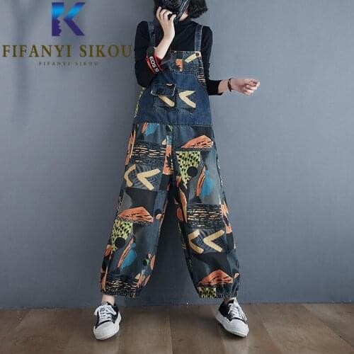 Oversized Women Denim Jumpsuits Spring Fashion Print Suspenders Jeans Plus Size Loose Denim Overalls Female Sleeveless Rompers