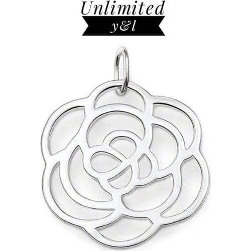 Plant Rose Flower Disc Pendants Ornament Hollow Out Silver Fashion Jewelry Accessories for Women Fit Link Chain Necklaces