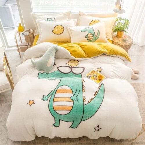 Mr. Crocodile simple cartoon style winter coral velvet delicate warm velvet home textile quilt cover four-piece set