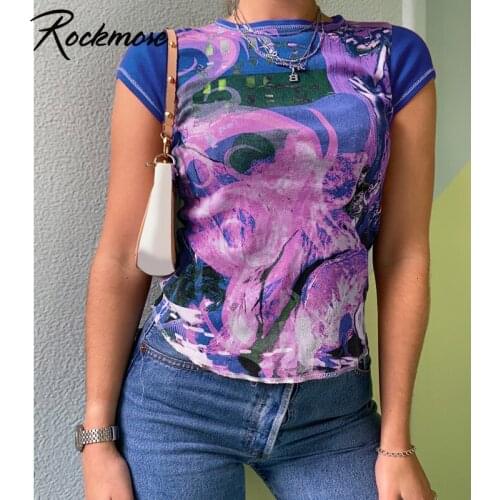 Rockmore Vintage Print Crop Top y2k Short Sleeve T-Shirt Basic O Neck T shirt Women Summer Sexy Casual Pullovers Tee Streetwear