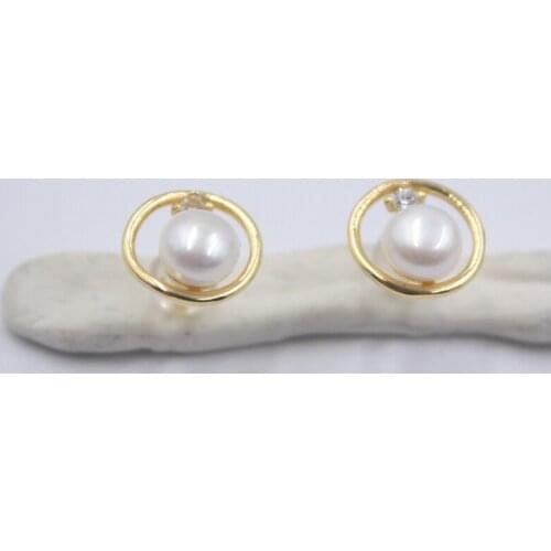 Real 925 Sterling Silver Stud Earrings Natural Freshwater Pearl Circle Earrings for Lady ONLY ONE PAIR