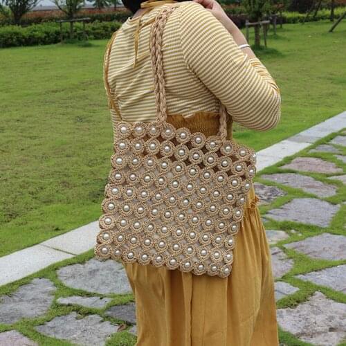 Korean Style Pearl Inlay Straw Bag Women Fashion Woven Open Solid Shoulder Bag WomenS Leisure Vacation Handbag Woman New 2021