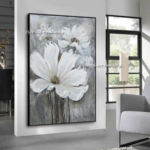 Thick oil painting 100% Handmade Oil painting Abstract Minimalist white flowe Art Canvas abstract wall art for living room