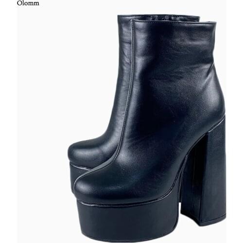 Olomm Handmade Women Winter Ankle Boots Square High Heels Round Toe Elegant Black Party Shoes Women Plus US Size 5-15
