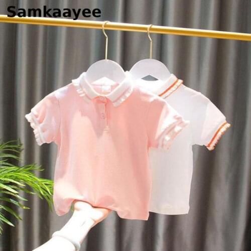 3-11y Kids Polo Shirts Summer Girls Tops Tees Clothing Short Sleeve Princess Striped Breathable Lace Soft Childrens Clothes Y21
