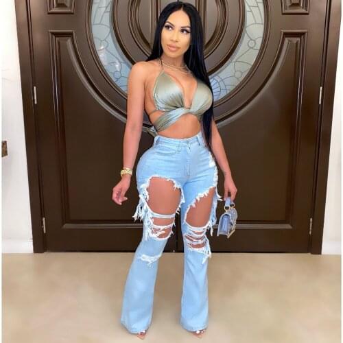 Ripped Flare Womens jeans Skinny Vintage High Waist Boyfriends Mom y2k Denim Distressed Streetwear 2021 Female
