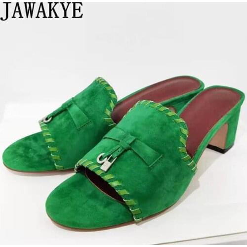 Summer Hot Sale Chunky heel Slippers Women Round Open toe Tassel pendant Designer Brand Shoes High Quality Real Suede Shoes Mule