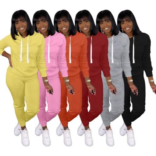 Womens two-piece suit, spring and autumn womens long-sleeved solid color hooded fashion trend casual sports sweatshirt suit