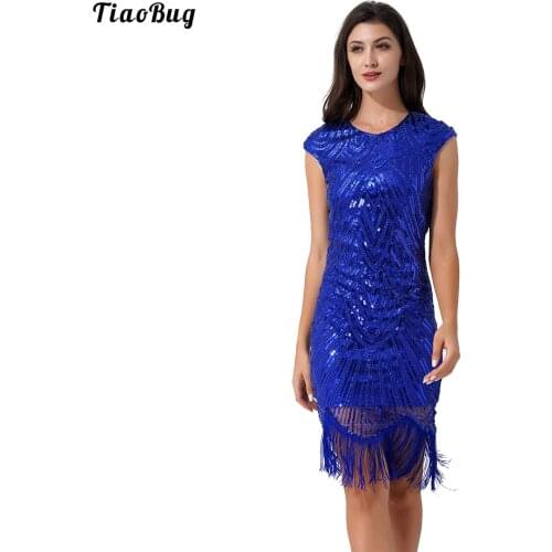 TiaoBug Women Vintage Sequin Embellished Flapper Jazz Dress Round Neck Short Sleeve Irregular Tassel Hem Party Dress