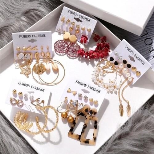 IF ME Gold Geometric Metal Pearl Shell Acrylic Crystal Drop Earrings Set For Women Girl Vintage Flower Circle Earring Jewelry