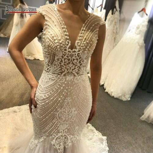 Amanda Novias Real Work Full Beading Mermaid Wedding Dress Champagne Sexy Wedding Gown 2019
