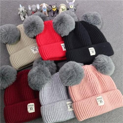Children Winter Infant Newborn Kids Baby Wool Knitted Hat Cap Beanie With Two Double Pom Pom Beanie For Cute Boys Girl 0-2Years