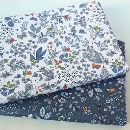 Pretty 50x160cm White Grey All over Leaf Flowers Printed 100% Cotton Fabric For DIY Sewing Quilting Bedding Clothing