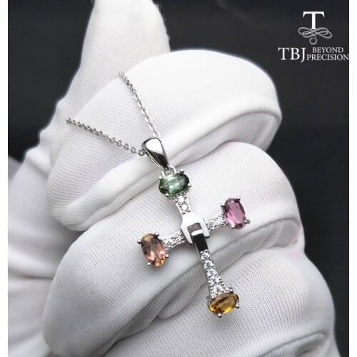 TBJ ,Elegant cross design with natural tourmaline multicolor gemstone necklace in 925 sterling silver fine jewelry with gift box