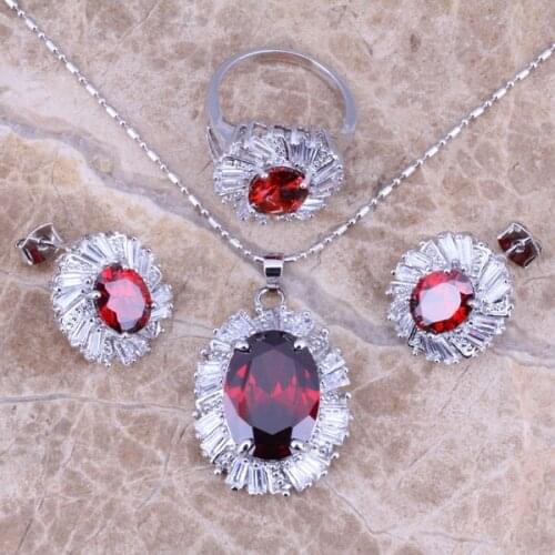 Elegant Red Garnet White CZ Silver Plated Jewelry Sets Earrings Pendant Ring Size 5 / 6 / 8 / 9 / 10 S0088