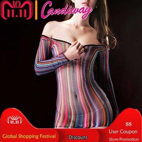 Hot Sexy Body Stocking long sleeve fishnet Lingerie Erotic Intimates rainbow Costumes off the shoulder Underwear freplay women