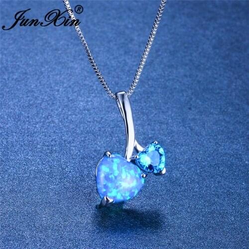 JUNXIN Cute Double Heart Pendant Blue White Fire Opal Necklaces For Women Wedding Choker White Gold Purple Zircon Party Jewelry