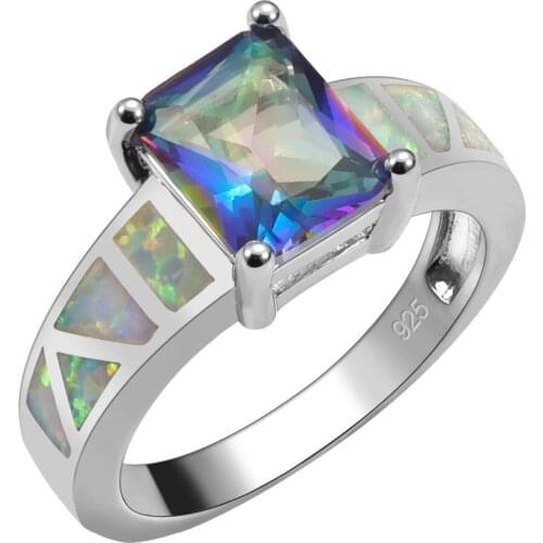 Created Blue Rainbow Crystal ZirconWith White Fire Opal 925 Sterling Silver High Quantity Ring For Woman Size 6 7 8 9 10 R1550
