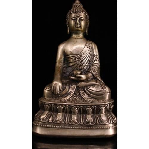 8"Tibet Temple Collection Old Bronze mosaic Gem Dzi Bead outline in gold Sakyamuni Sitting Buddha Ornaments Town House Exorcism