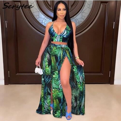Serytee Leaves Print Brazilian Green Plus Size 2XL Two Piece Set Strap V Neck Crop Top And High Split Long Skirt Outfit Dresses