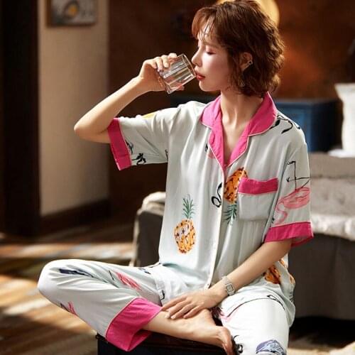 Summer Cotton Pajamas Set Woman Sweet Lovely Imitate 2PC Sleepwear Short Sleeve Long Trousers Twinset Pyjamas
