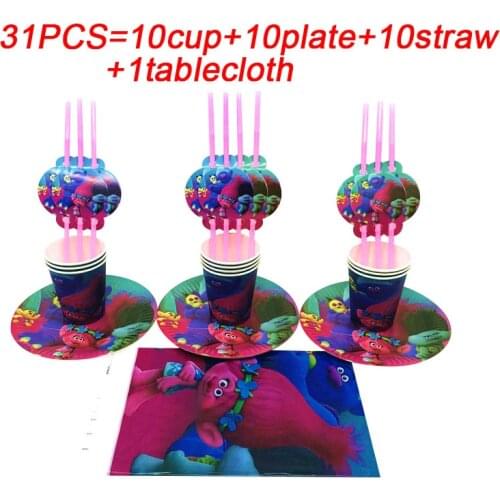 Cartoon Trolls Birthday Party Supplies Kids Favors Trolls Cup Plate Straws Disposable Tableware Set Baby Shower Party Tablecloth