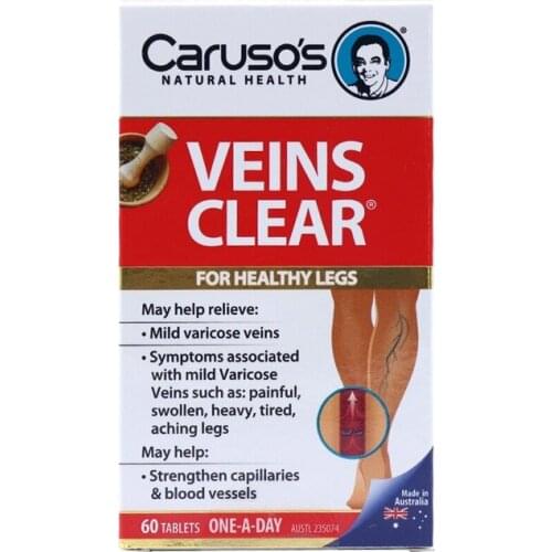 Australia Carusos Natural Health Veins Clear 60Tabs for Varicose Spider Vein Great looking Healthy Legs Vein Strength Elasticity
