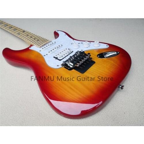 Free shipping custom 6 string cherry sunburst guitar,ASH wood body,ssh pickups,tremolo bridge,pear pickguard,stars inlay