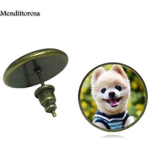 Mendittorosa Harajuku Jewelry Glass Cabochon Bronze/Silver/Golden Clip Ear Hook Stud Earrings For Unisex Small Dog
