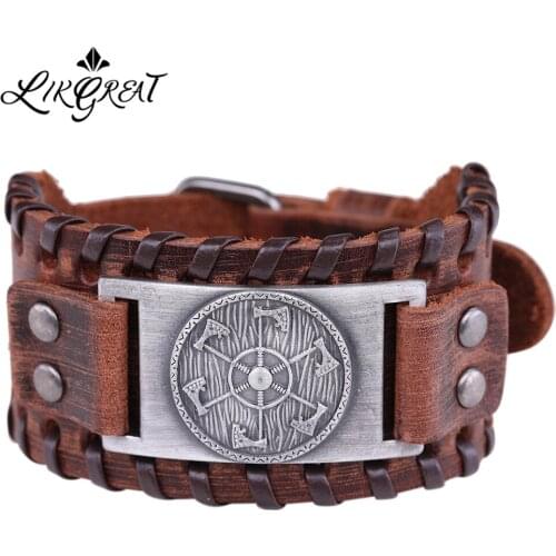 LIKGREAT Thunder Shield Axe Nordic Mythology Charm Bracelets Men Wide Leather Cuff Bracelet Vintage Jewelry Pulseira Masculina