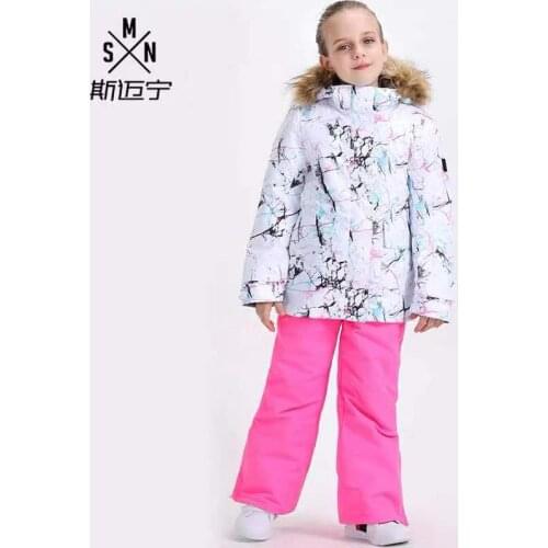 SMN Kids Ski Suit Girls Skiing Clothing Trouser Windproof Waterproof Outdoor Sport Wear Child Fur Hooded Jacket Pant Breathable