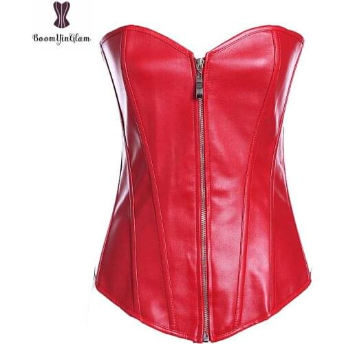 Sexy Red Faux Leather Corset Plus Size Korse Plastic Boned Black Korset Overbust Corselet Women Outwear Zipper Closure Bustier