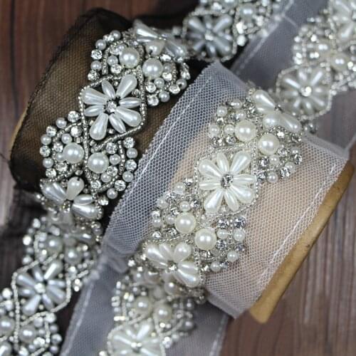 Rhinestones Crystal Dress Applique Pearl Beaded 3D Flower Lace Trim DIY Sewing Clothing Wedding Dress Accessories Mesh Fabric