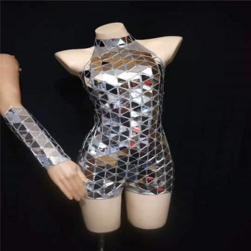H107 Singer Pole Dance Tight Party Elastic Stretched Show Sexy Mirrors Sequins Outfit Siamese Leotard Show Mode Costume Catwalk
