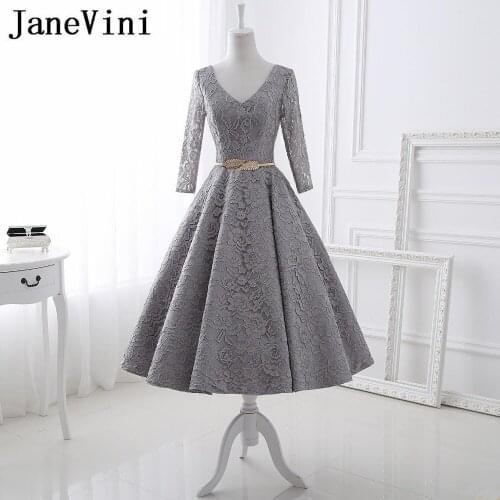 JaneVini Vestidos Vintage Evening Dresses With Sashes V Neck Long Sleeves Tea-Length Lace Mother of the Bride Dresses Plus Size