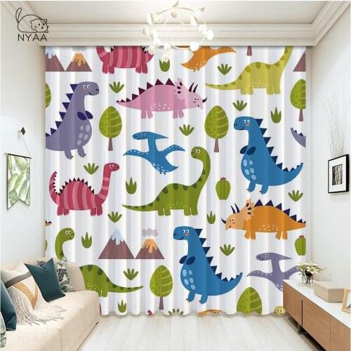 Cute Dinosaur Art Curtain Materials Home Decor Blue Baby Curtains Blackout Curtain Rod Bathroom Window Curtains Micro Shading
