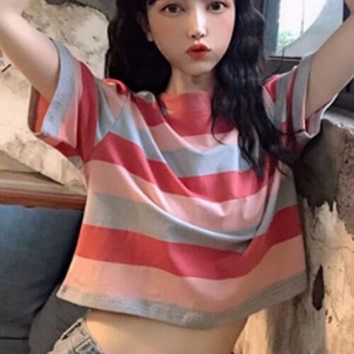 2020 Womens Rainbow Striped T-shirt Casual O Neck Short Sleeve Korean Style Cropped Tops Elegant Student Loose Tee Tops WDC5128