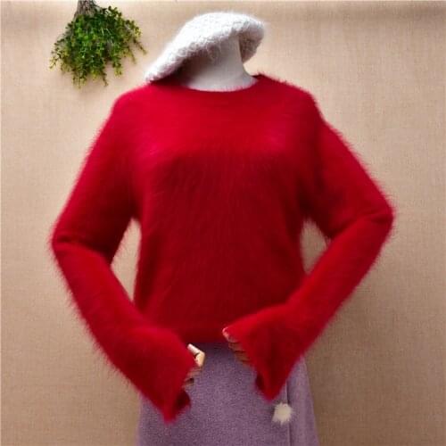 Ladies women fashion christmas red mink cashmere knitted long sleeves o-neck slim blouses pullover angora fur jumper sweater top
