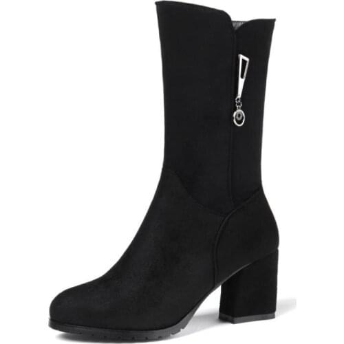 Boots Plus Velvet Boots Womens Thick With 2019 New Winter High Heels Ladies Round Head With Short Boots