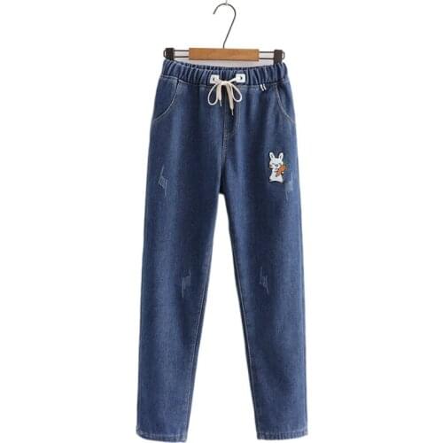 Women Plus Velvet Casual Straight Denim Pants Fleece Cartoon Embroidery Warm Jeans 2020 Winter Elastic Waist Pocket Trousers