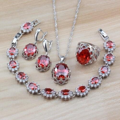 Silver Color Bridal 4PCS Jewelry Sets For Women Costume Red Garnet Zircon Dangle Earrings/Necklace/Bracelet And Ring Sets
