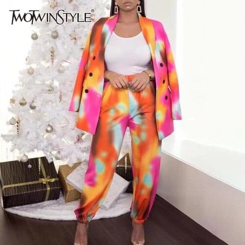 TWOTWINSTYLE Print Tie Dye Two Piece Set For Women Notched Long Sleeve Blazer Casual Pants Hit Color Sets Female Fashion New