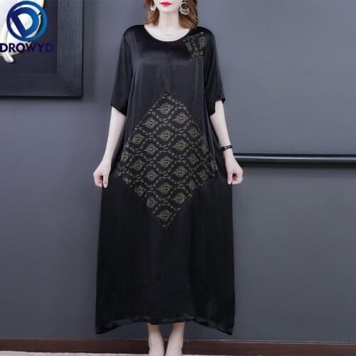 Women Long Dress Summer 2021 New Office Lady Vintage National Wind Print Short Sleeve Patchwork Loose O-Neck Black Dresses Traf
