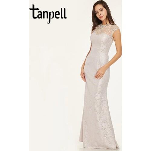Tanpell beaded lace evening dresses ivory scoop neck cap sleeves floor length gown cheap women prom formal long evening dress