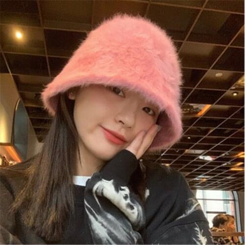 2020 Hat winter womens fashion Solid color rabbit fur hat bucket cap fishermans hat retro knitted wool basin Bucket Hat