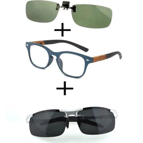 3Pcs!!! Comfortable Wooden Squared Frame Reading Glasses for Men Women + Alloy Polarized Sunglasses Driving + Sunglasses Clip
